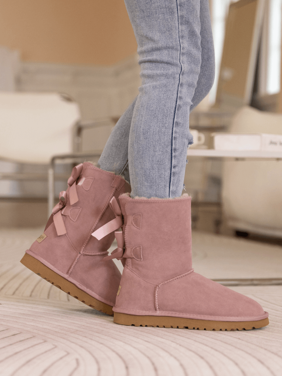 UGG Double Ballet Ribbon Bow Suede Shearling Boots - Taro