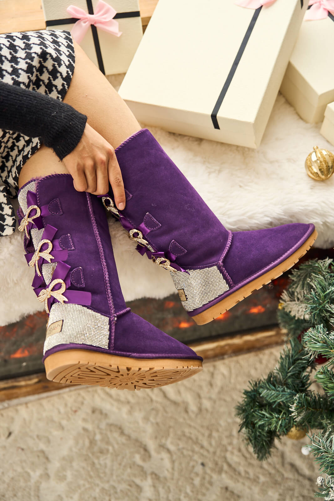 UGG Rhinestone Ribbon Tri-Tie Bow Suede Boots - Violet