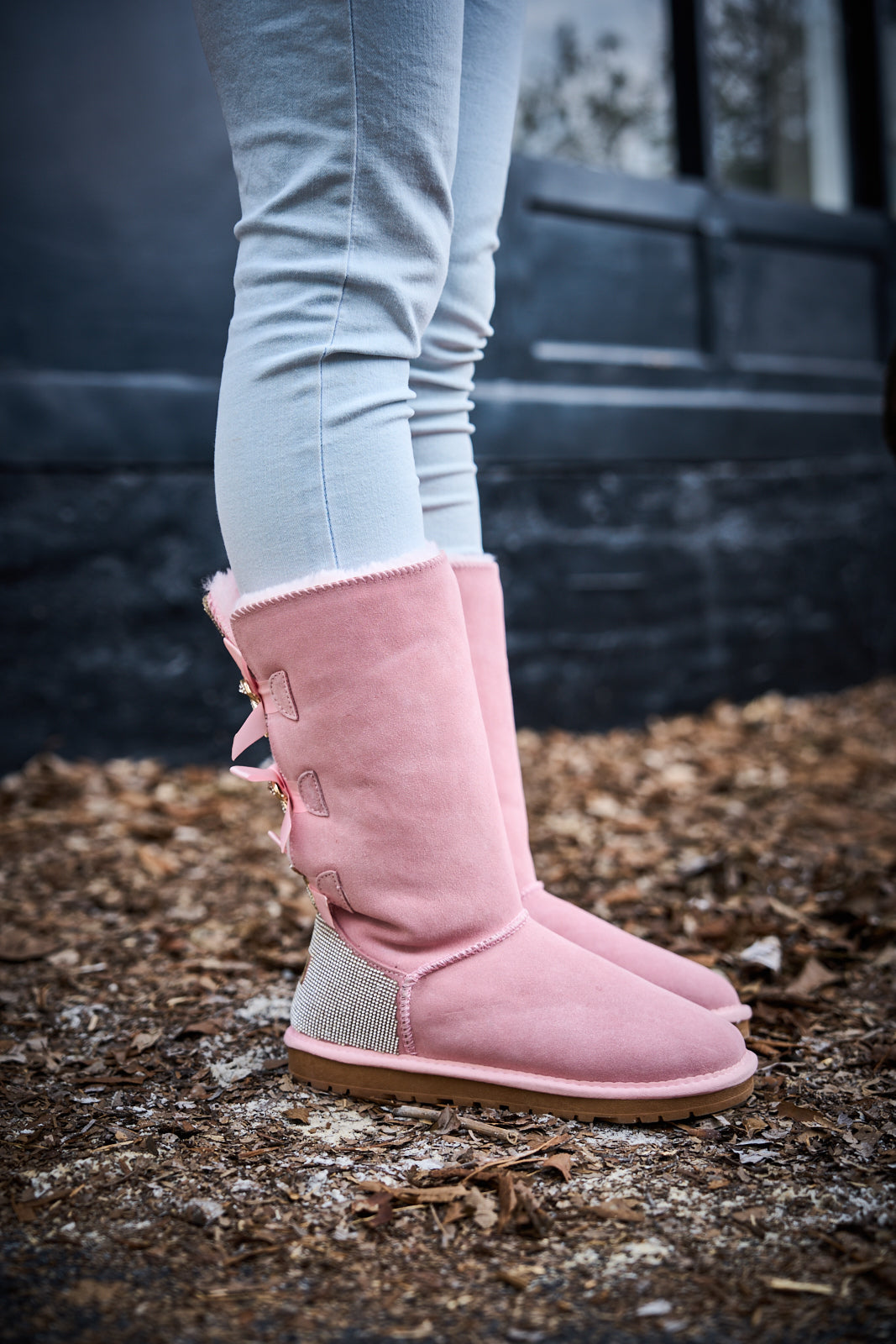 UGG Rhinestone Ribbon Tri-Tie Bow Suede Boots - Pink
