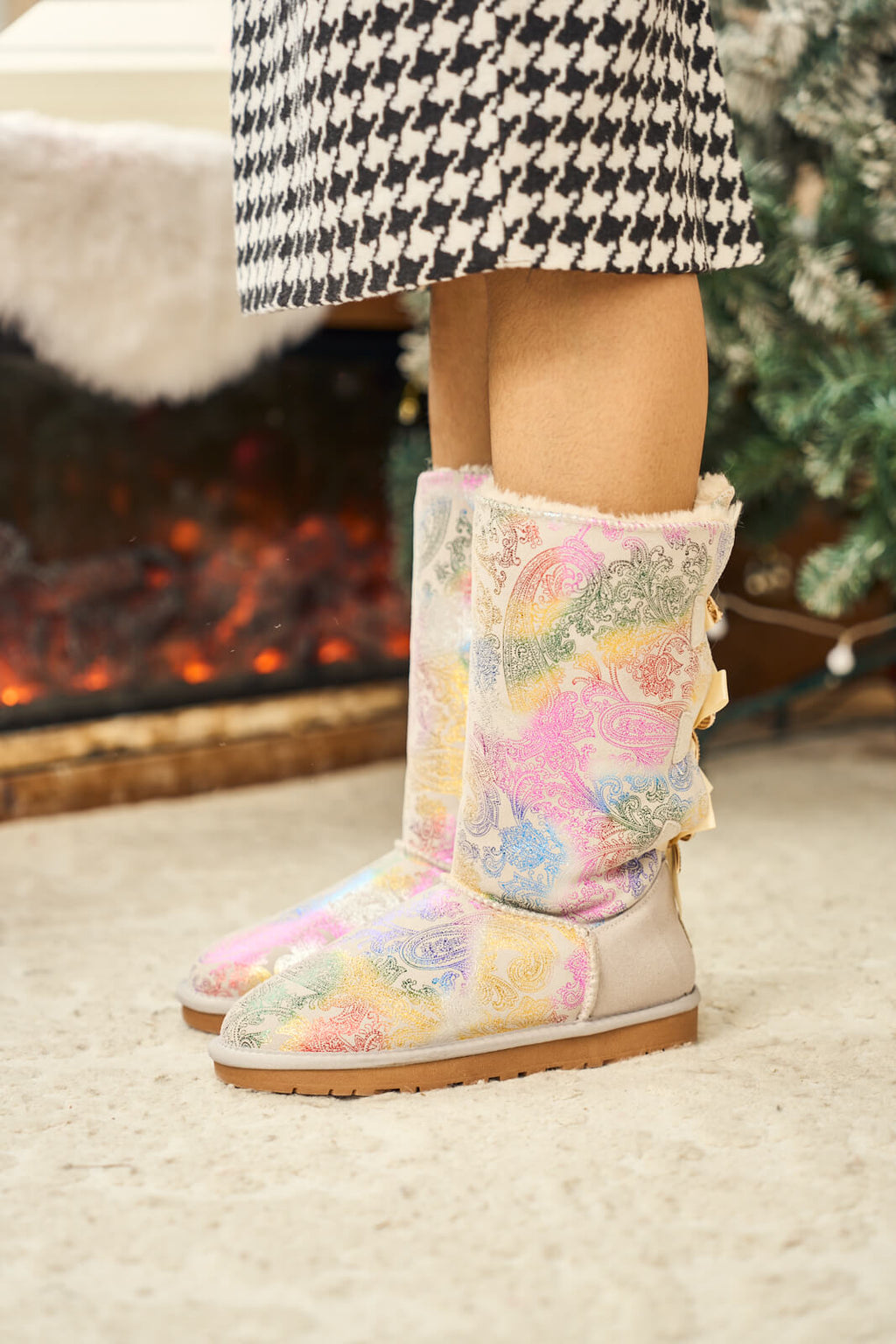 UGG Rhinestone Ribbon Tri-Tie Bow Suede Boots - Multi
