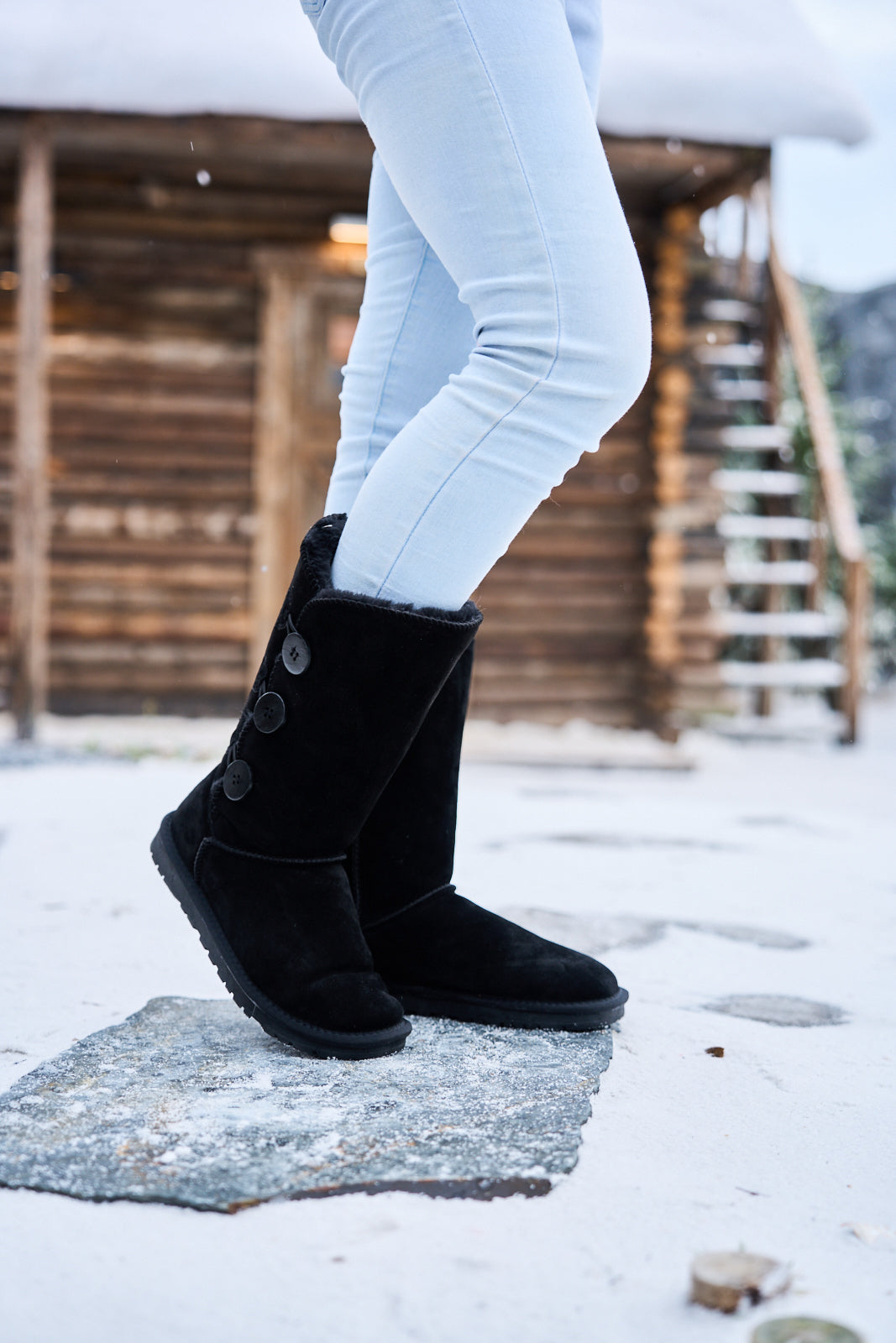 UGG Side Button Faux Fur-Lined Leather Suede Boots - Black