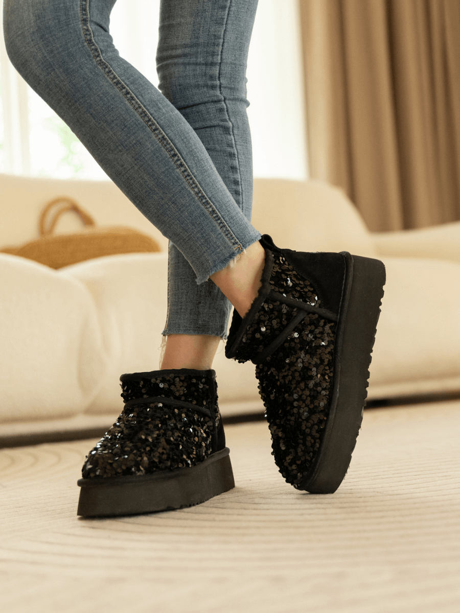 UGG Mini Glitter Low Ankle Platform Boots - Black