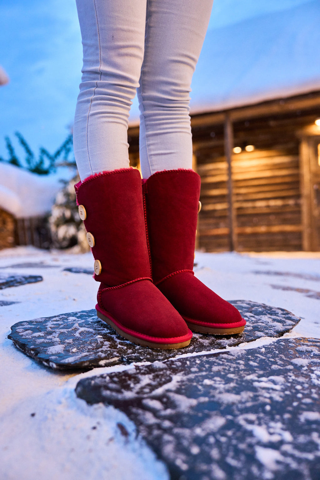 UGG Side Button Faux Fur-Lined Leather Suede Boots - Red