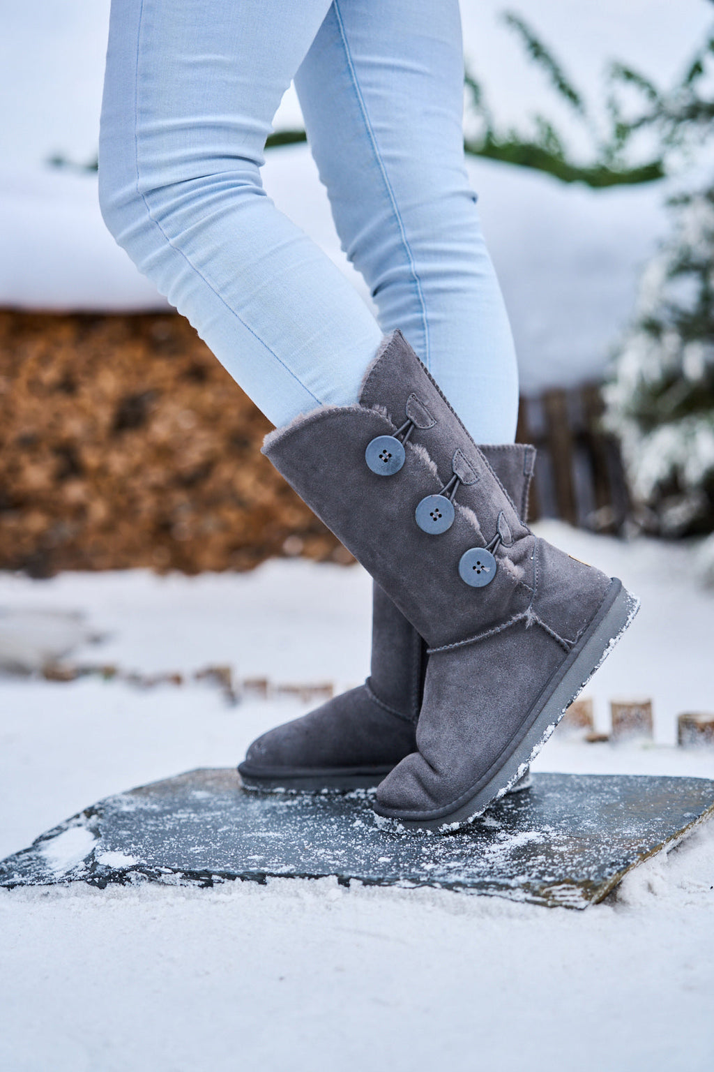 UGG Side Button Faux Fur-Lined Leather Suede Boots - Grey