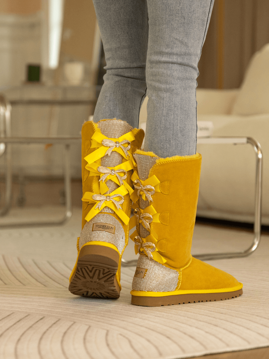 UGG Rhinestone Ribbon Tri-Tie Bow Suede Boots - Yellow