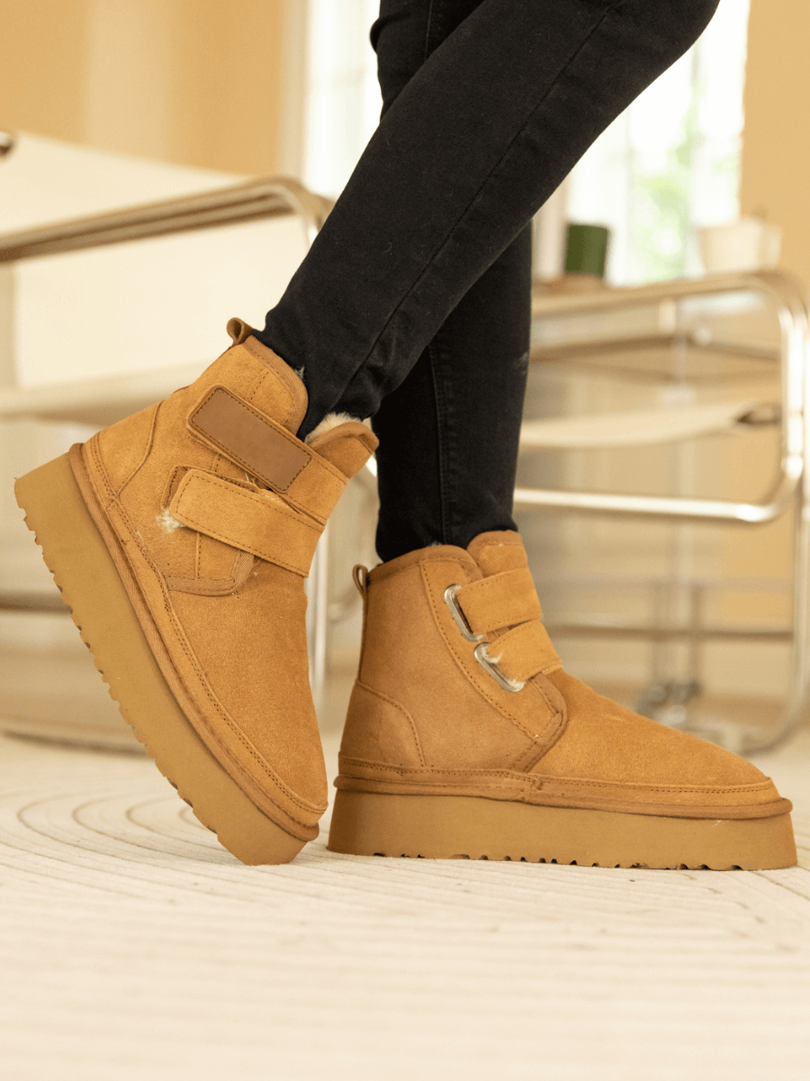 UGG Montford Wool-Lined Buckle Up Platform Boots – Chestnut
