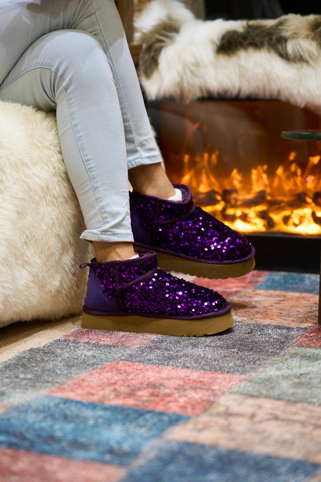 UGG Mini Glitter Low Ankle Platform Boots - Purple