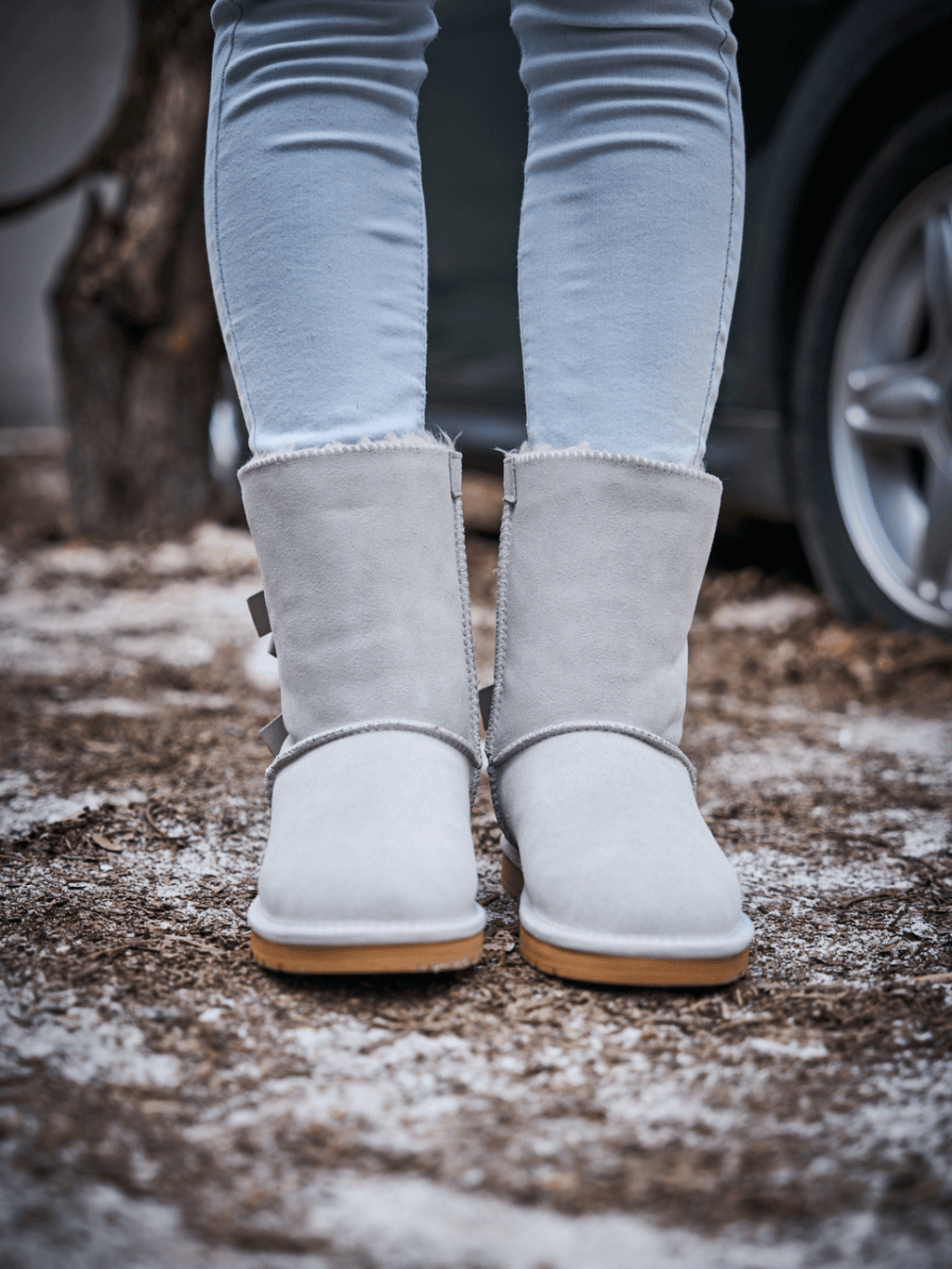 UGG Double Ballet Ribbon Bow Suede Shearling Boots - Pale