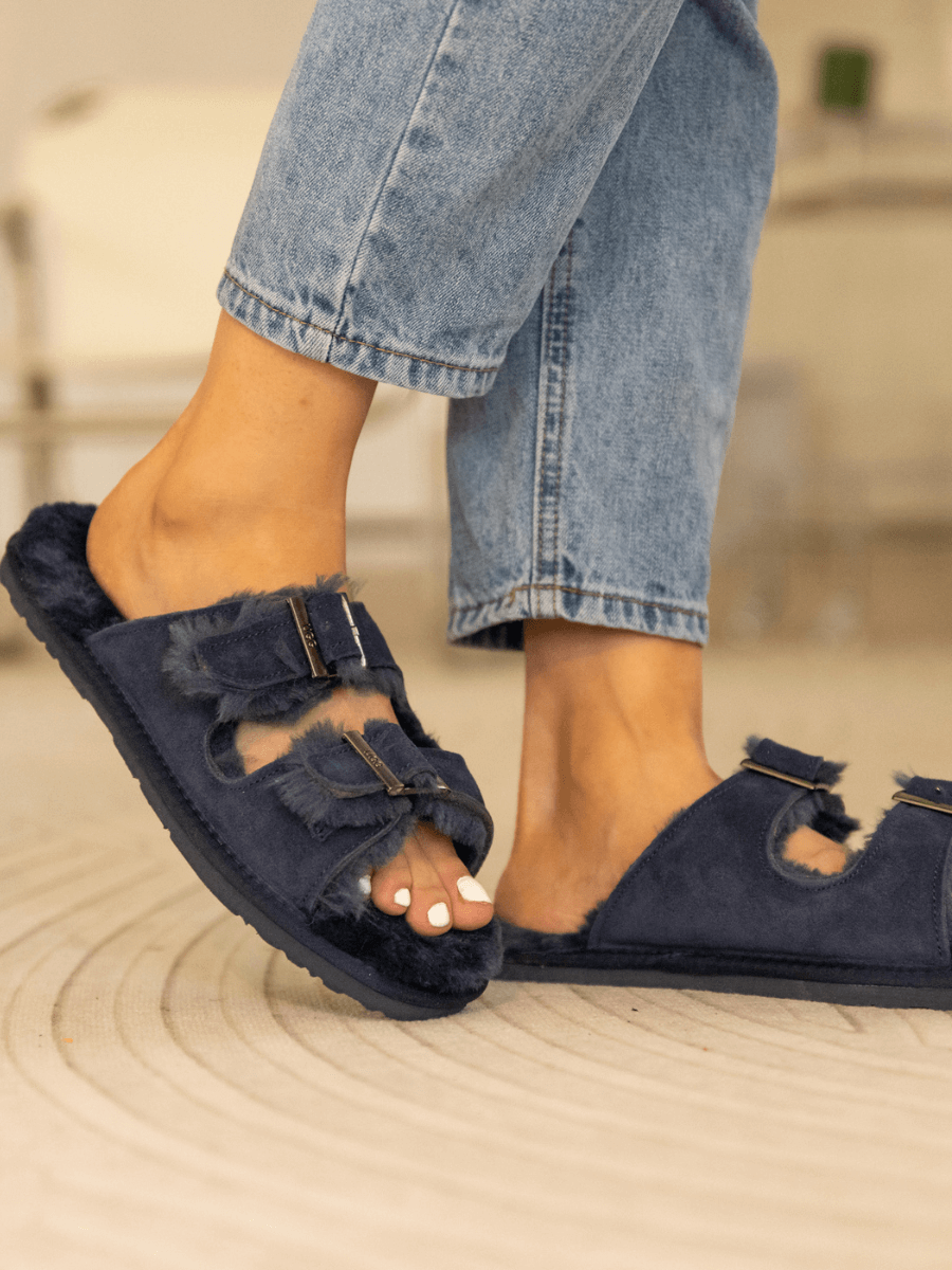 UGG Woolen Lined Double-Strap Suede Sandal - Navy