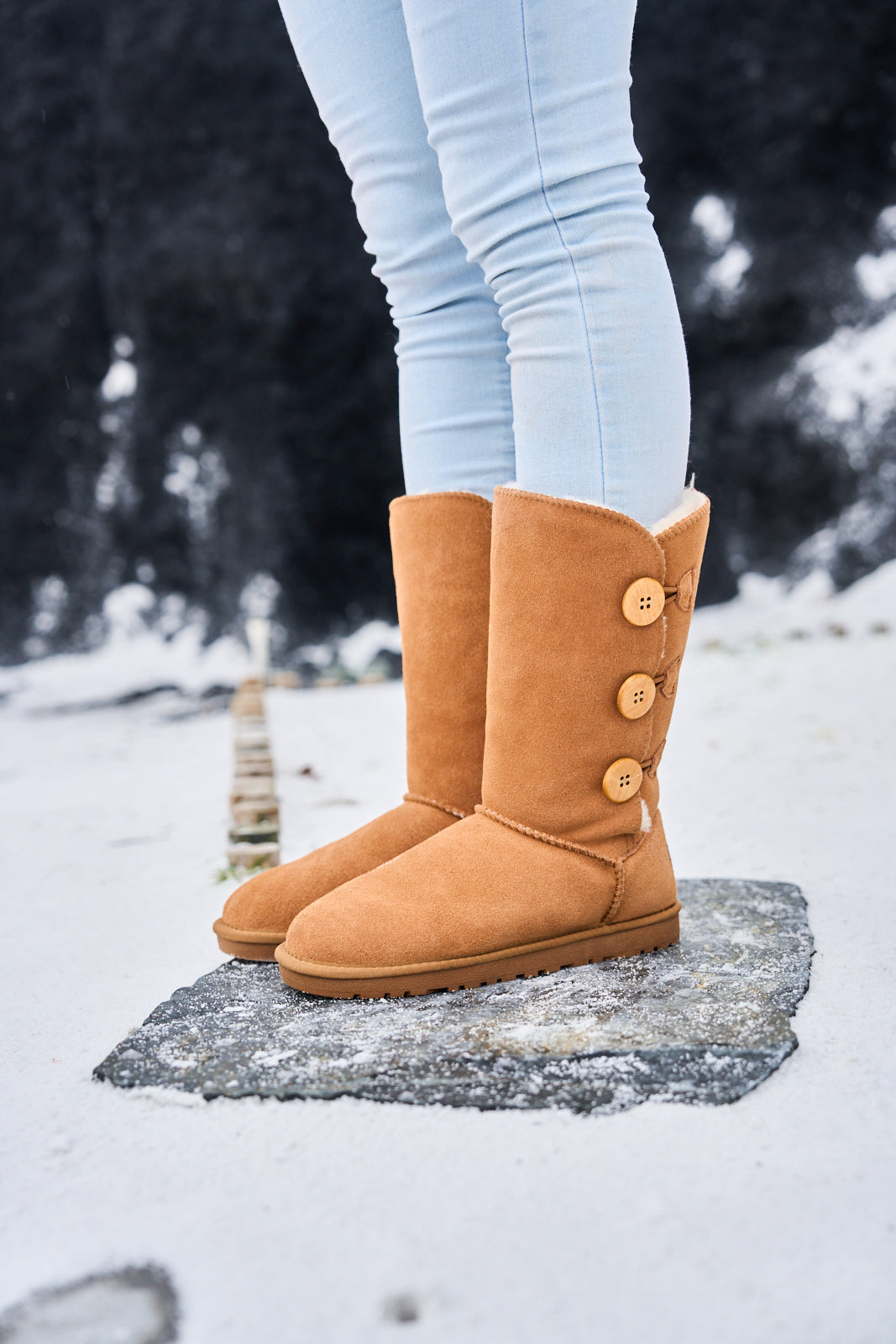 UGG Side Button Faux Fur-Lined Leather Suede Boots - Chestnut