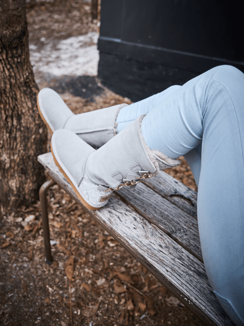 UGG Rhinestone Ribbon Tri-Tie Bow Suede Boots - Pale