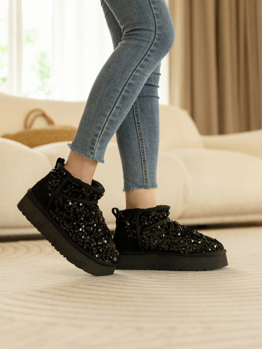UGG Mini Glitter Low Ankle Platform Boots - Black
