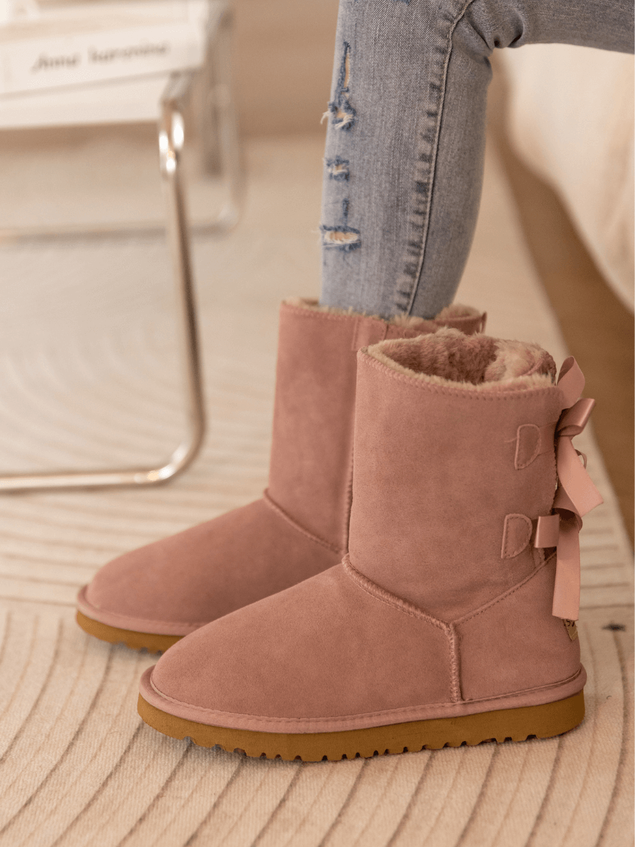 UGG Double Ballet Ribbon Bow Suede Shearling Boots - Taro