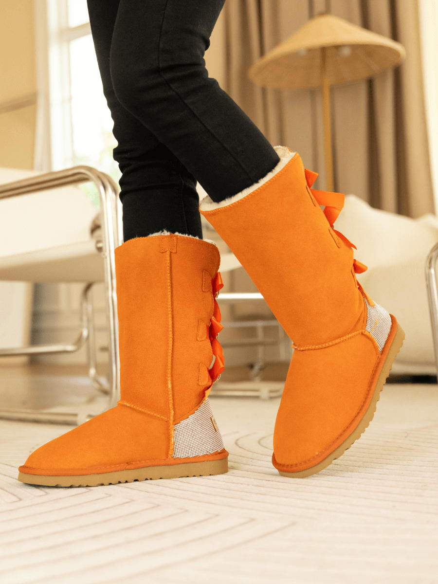 UGG Rhinestone Ribbon Tri-Tie Bow Suede Boots - Orange