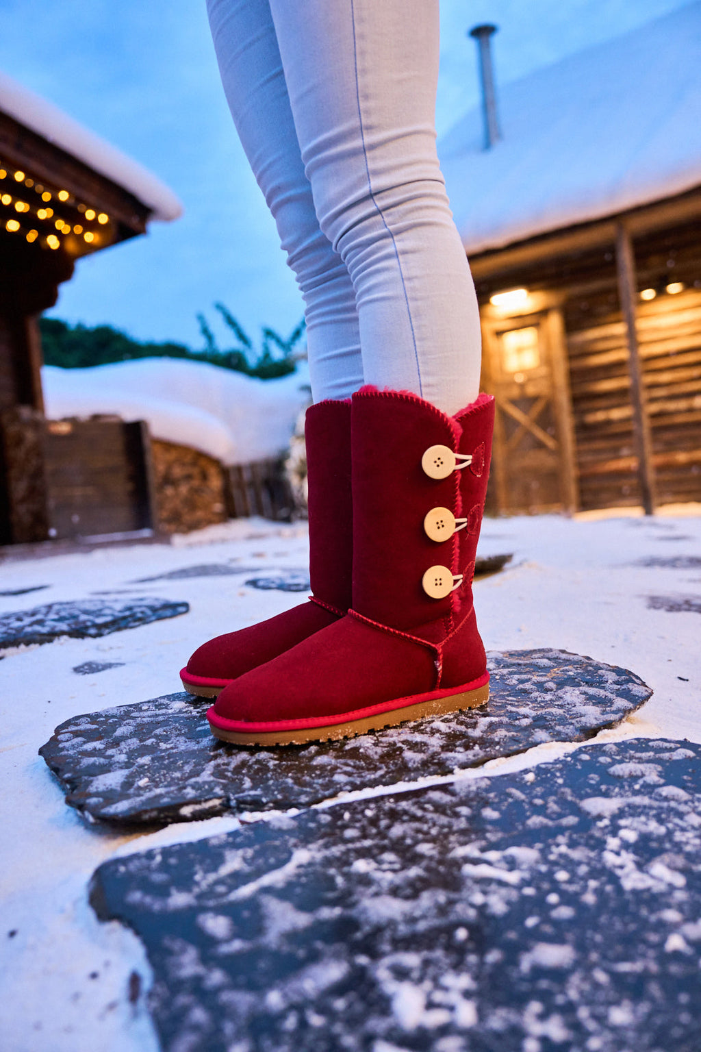 UGG Side Button Faux Fur-Lined Leather Suede Boots - Red