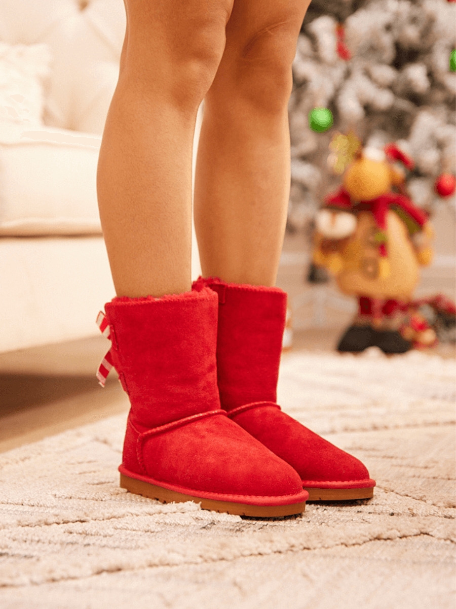 UGG Serenity Striped Bailey Bow Shearling Boots - Red