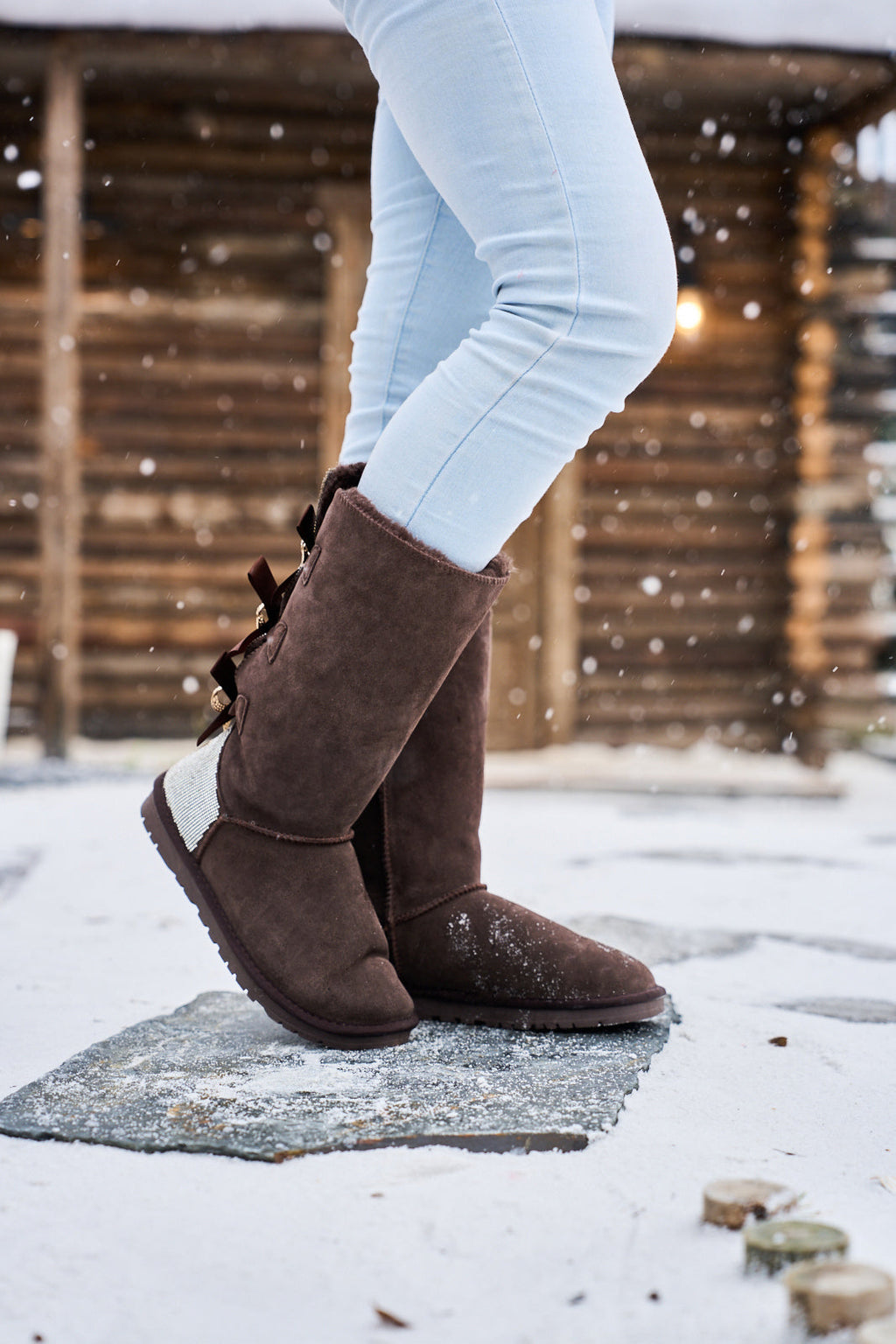 UGG Rhinestone Ribbon Tri-Tie Bow Suede Boots - Brown