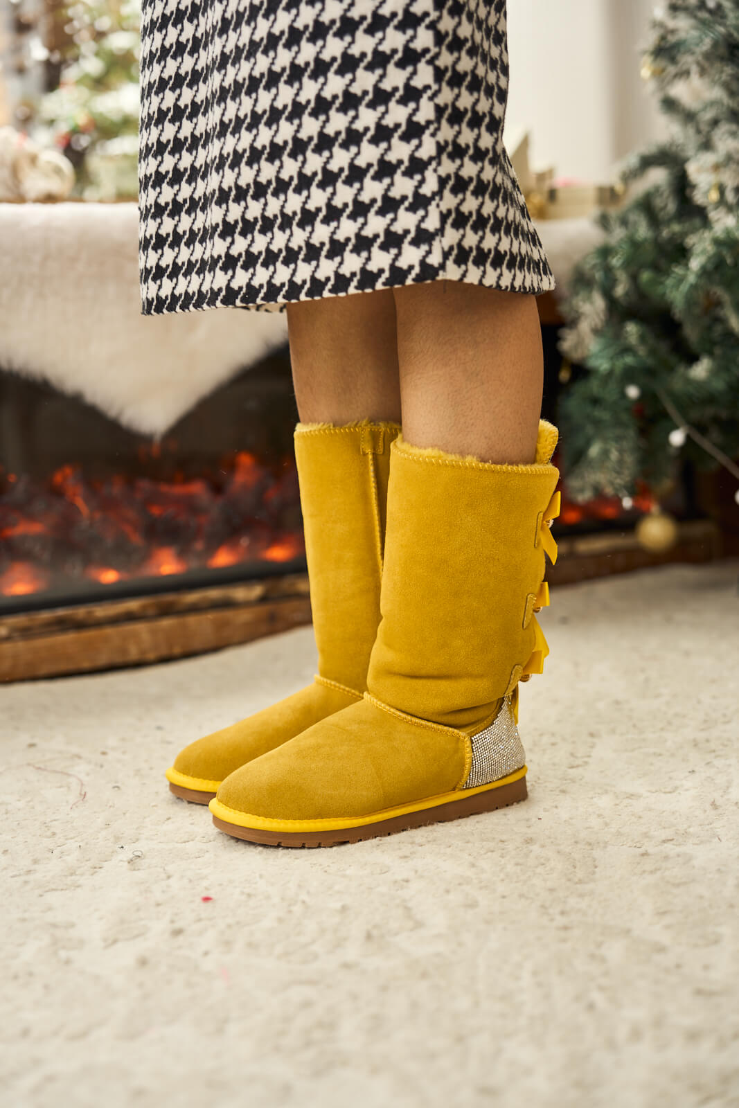 UGG Rhinestone Ribbon Tri-Tie Bow Suede Boots - Lemon