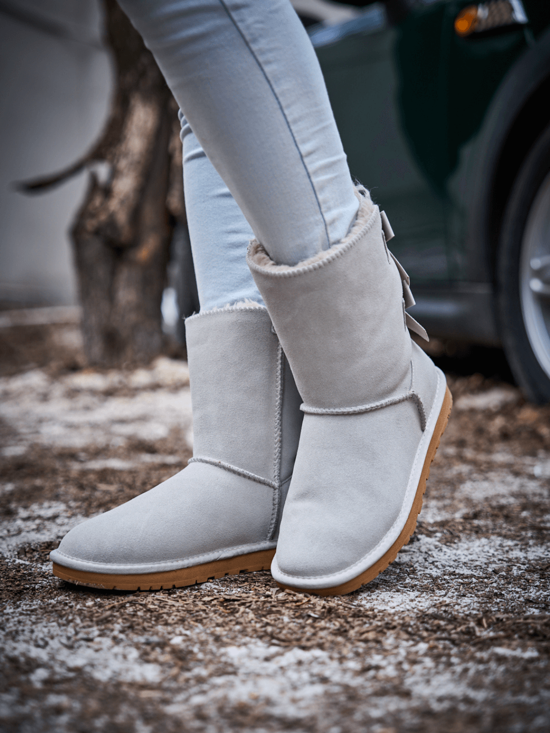 UGG Double Ballet Ribbon Bow Suede Shearling Boots - Pale
