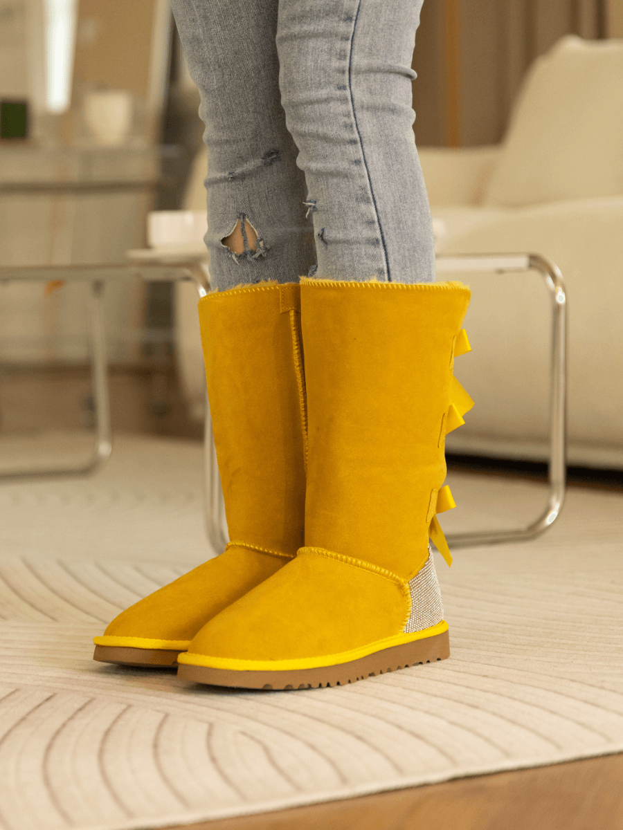 UGG Rhinestone Ribbon Tri-Tie Bow Suede Boots - Yellow
