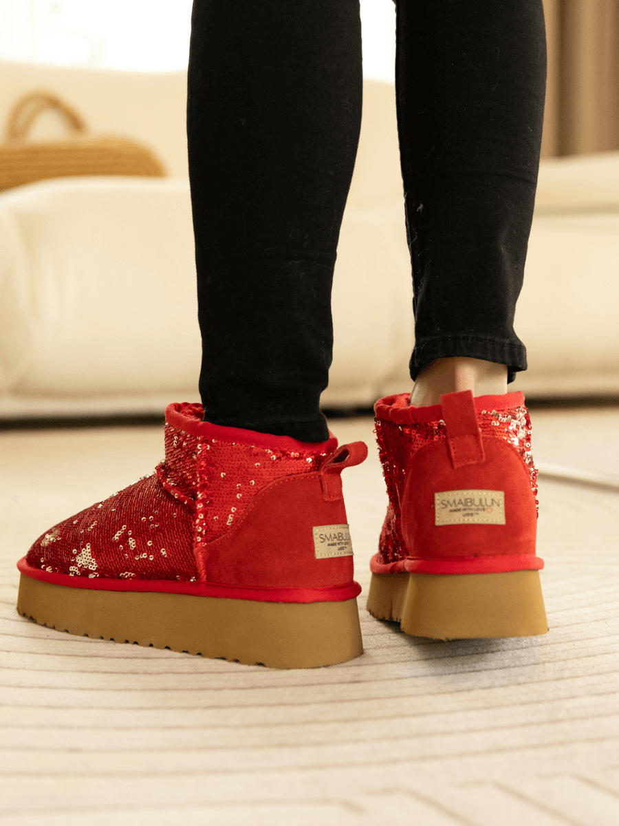 UGG Mini Glitter Low Ankle Platform Boots - Red