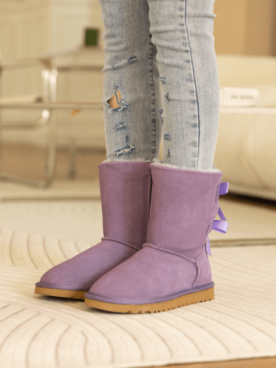 UGG Double Ballet Ribbon Bow Suede Shearling Boots - Lavender