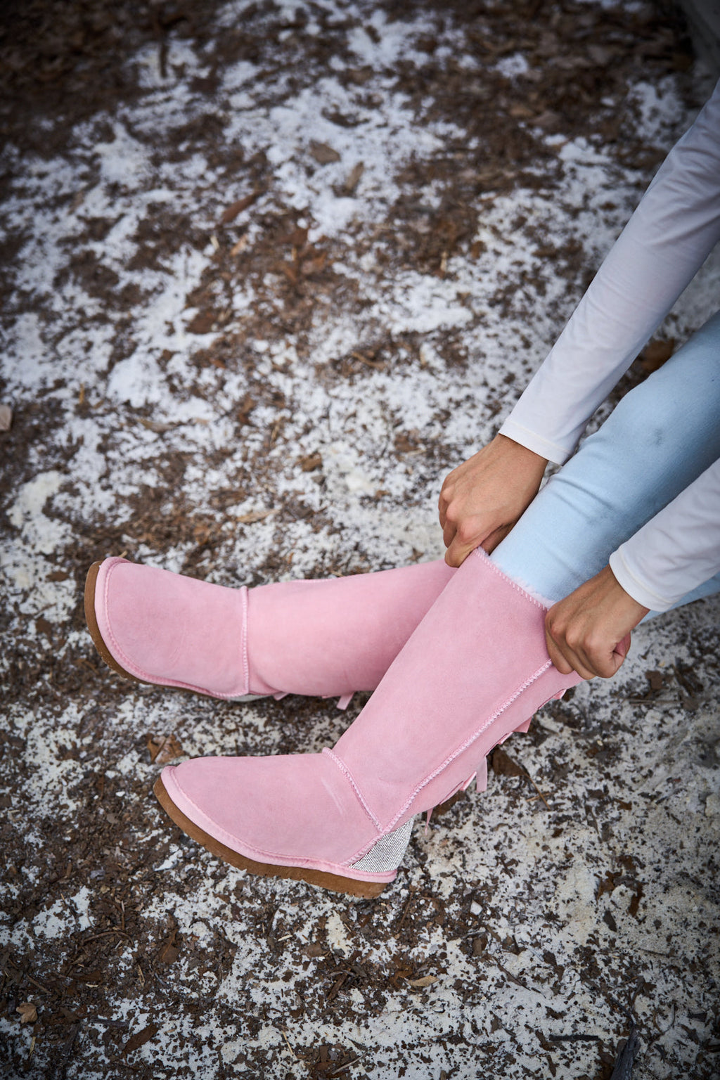 UGG Rhinestone Ribbon Tri-Tie Bow Suede Boots - Pink