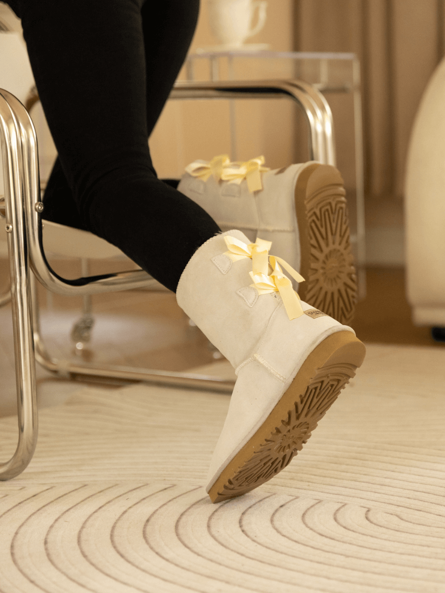 UGG Double Ballet Ribbon Bow Suede Shearling Boots - Ivory