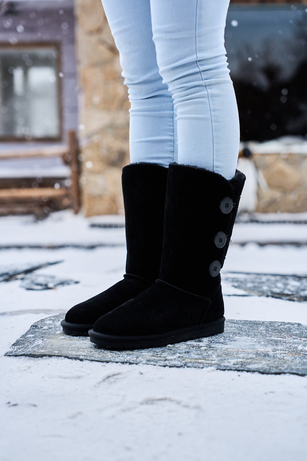 UGG Side Button Faux Fur-Lined Leather Suede Boots - Black