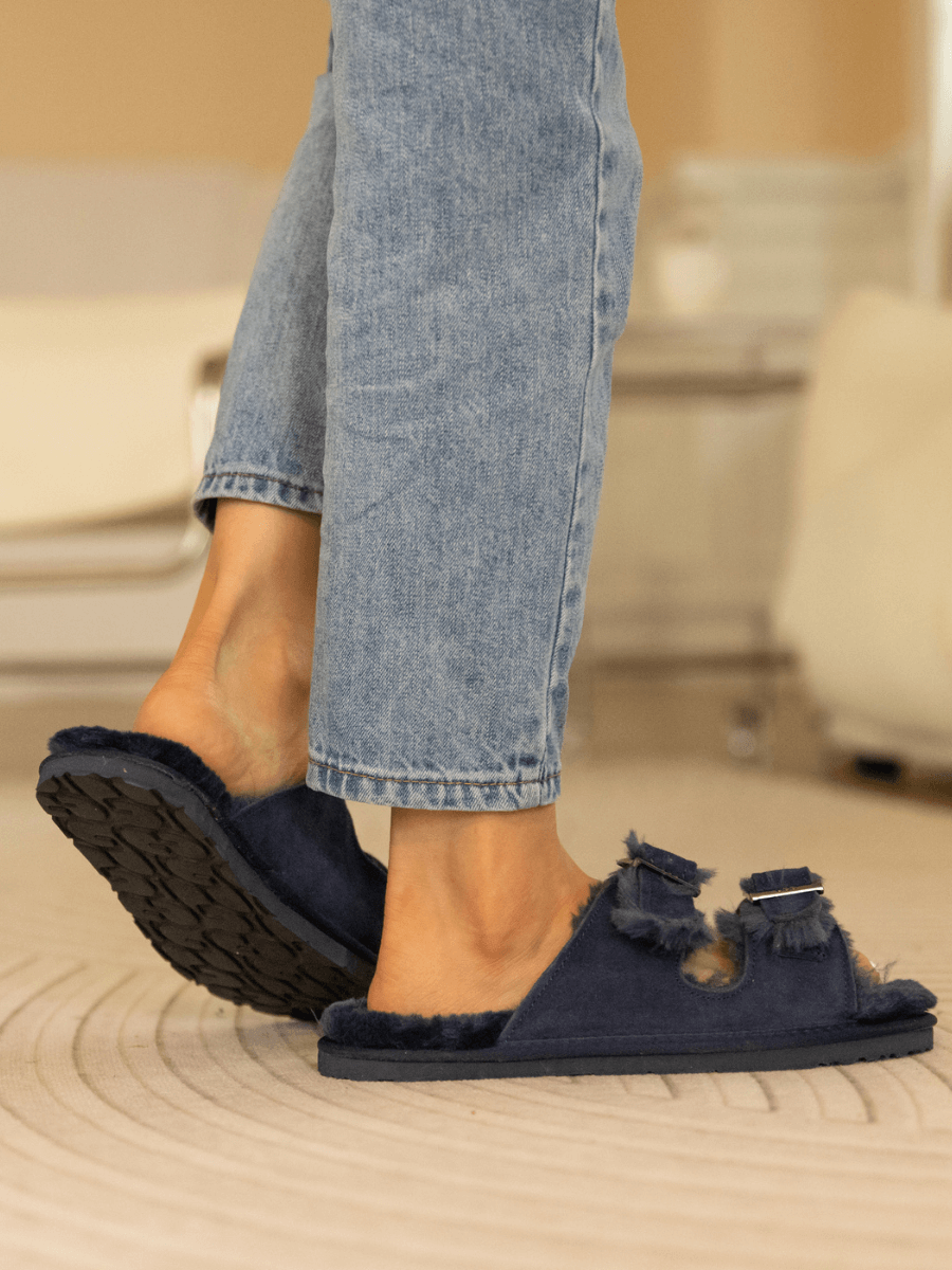 UGG Woolen Lined Double-Strap Suede Sandal - Navy