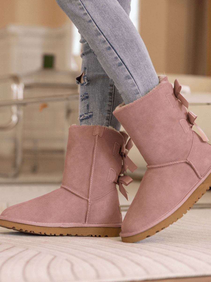 UGG Double Ballet Ribbon Bow Suede Shearling Boots - Taro