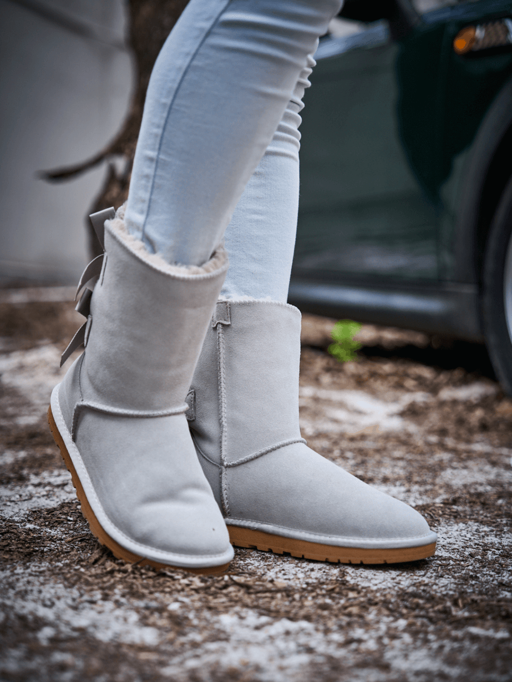 UGG Double Ballet Ribbon Bow Suede Shearling Boots - Pale