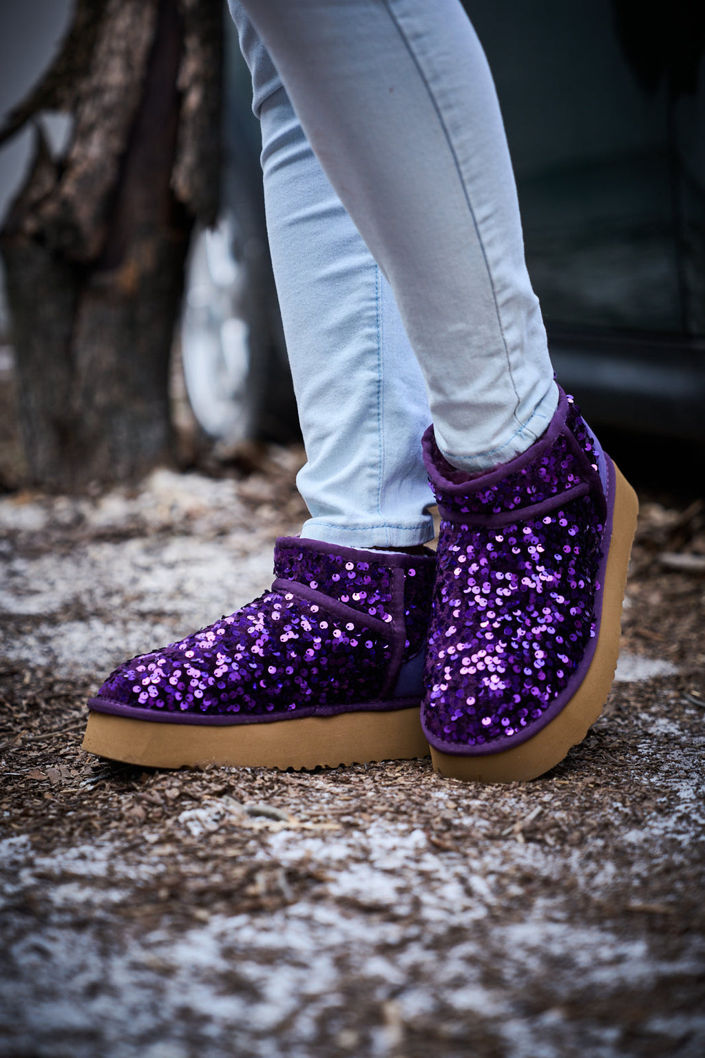 UGG Mini Glitter Low Ankle Platform Boots - Purple