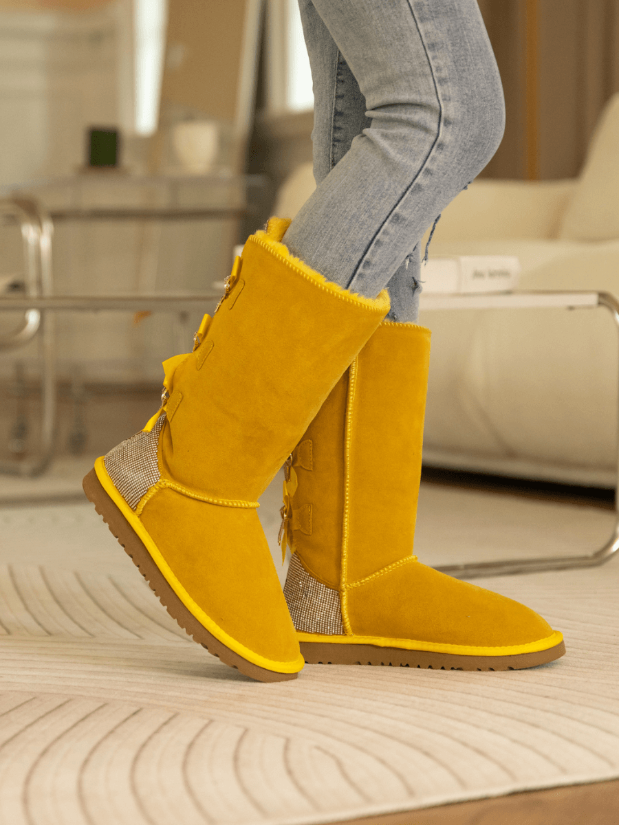 UGG Rhinestone Ribbon Tri-Tie Bow Suede Boots - Yellow