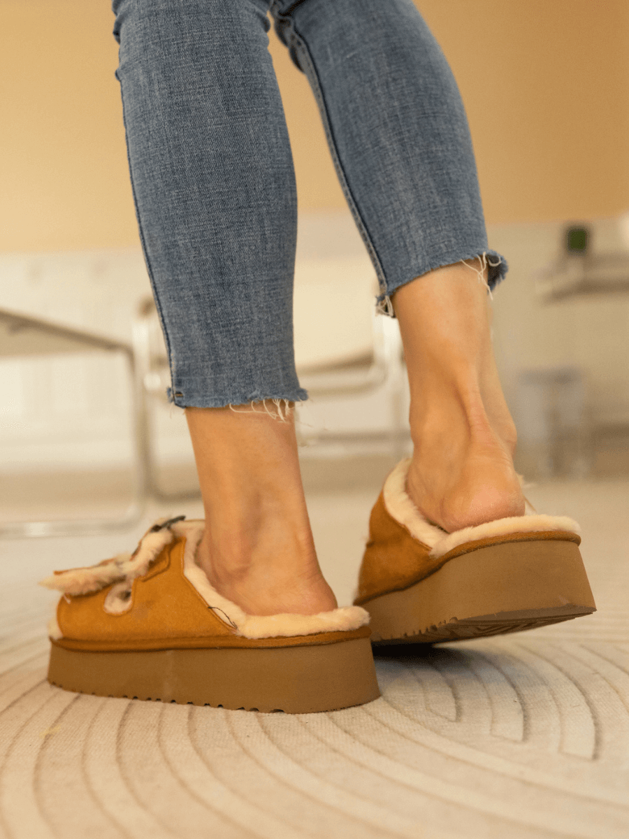 UGG Woolen Suede Double-Strap Platform Sandal - Chestnut