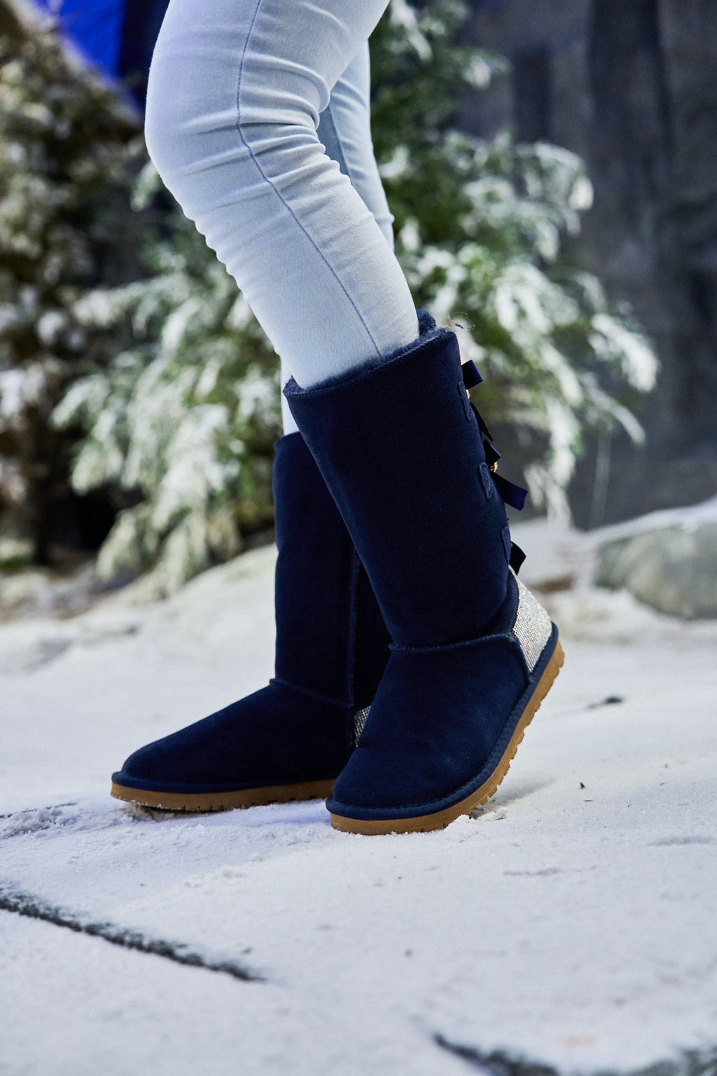 UGG Rhinestone Ribbon Tri-Tie Bow Suede Boots - Navy