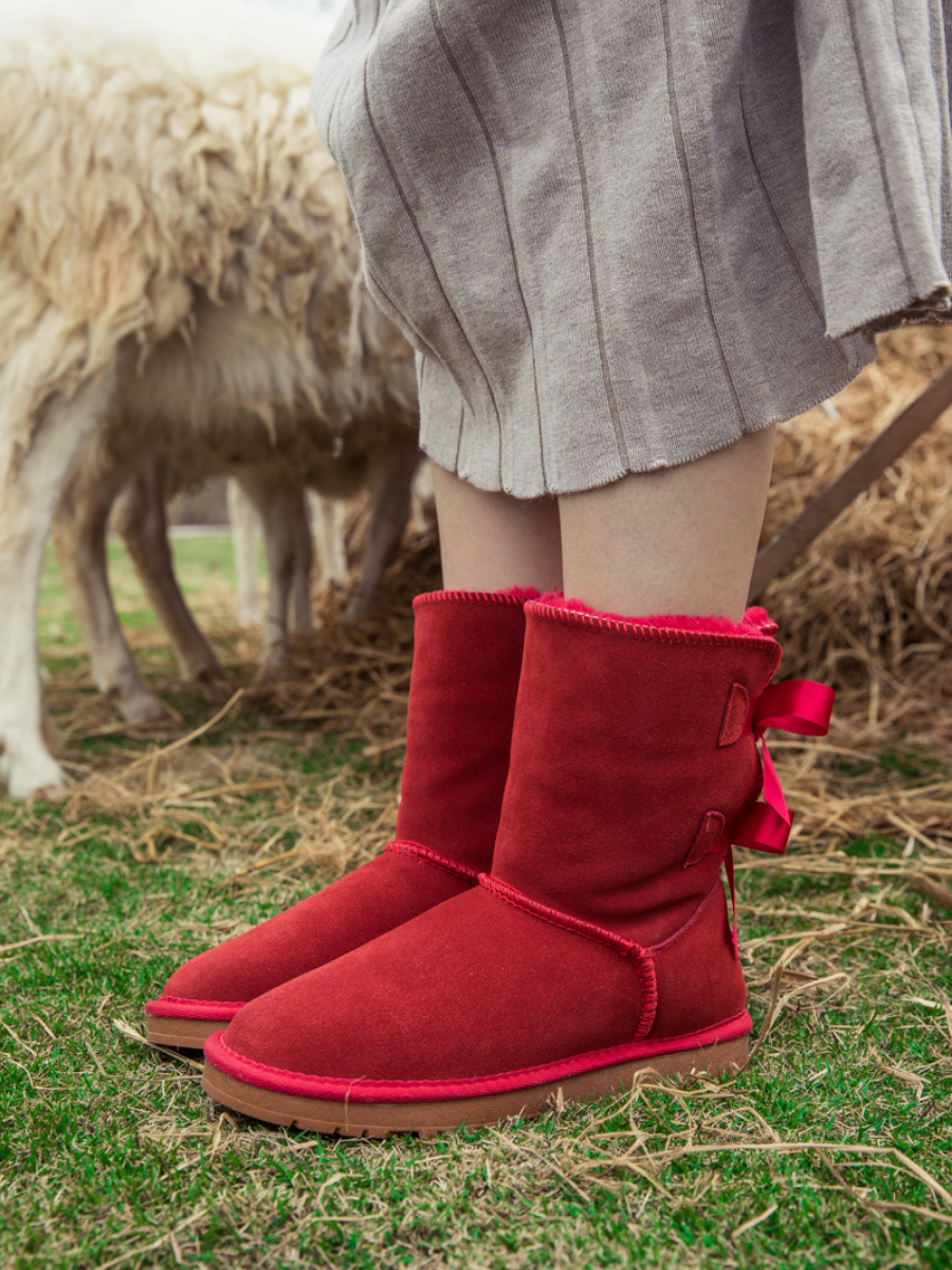 UGG Double Ballet Ribbon Bow Suede Shearling Boots - Red