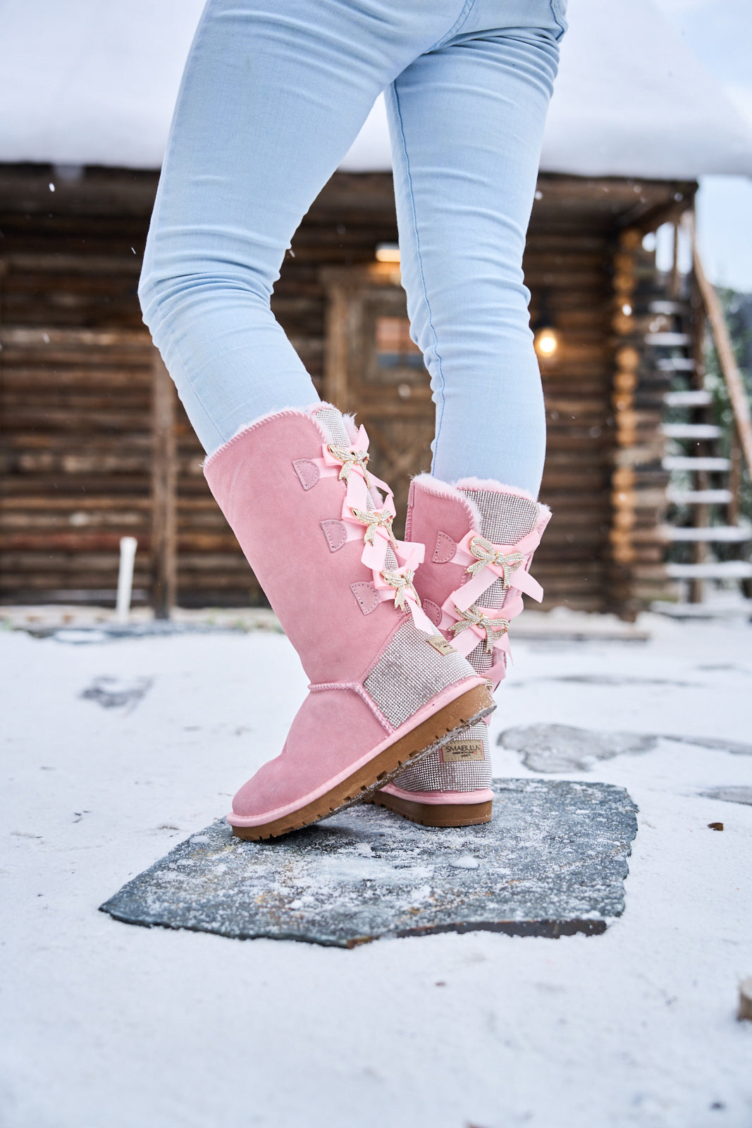 UGG Rhinestone Ribbon Tri-Tie Bow Suede Boots - Pink