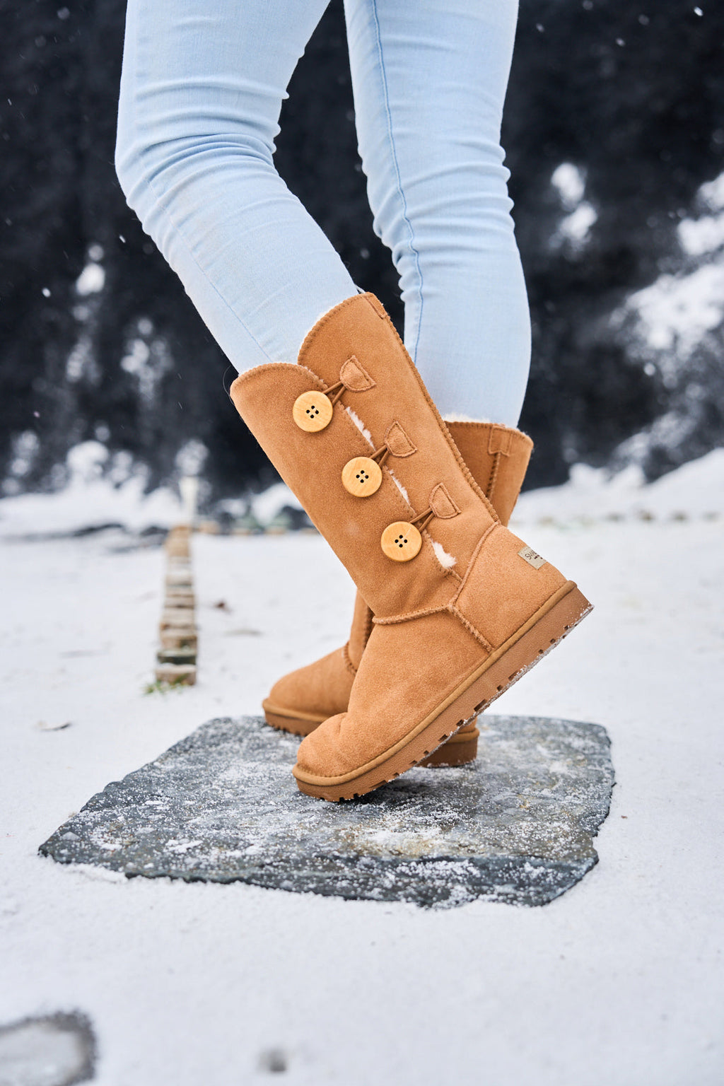 UGG Side Button Faux Fur-Lined Leather Suede Boots - Chestnut