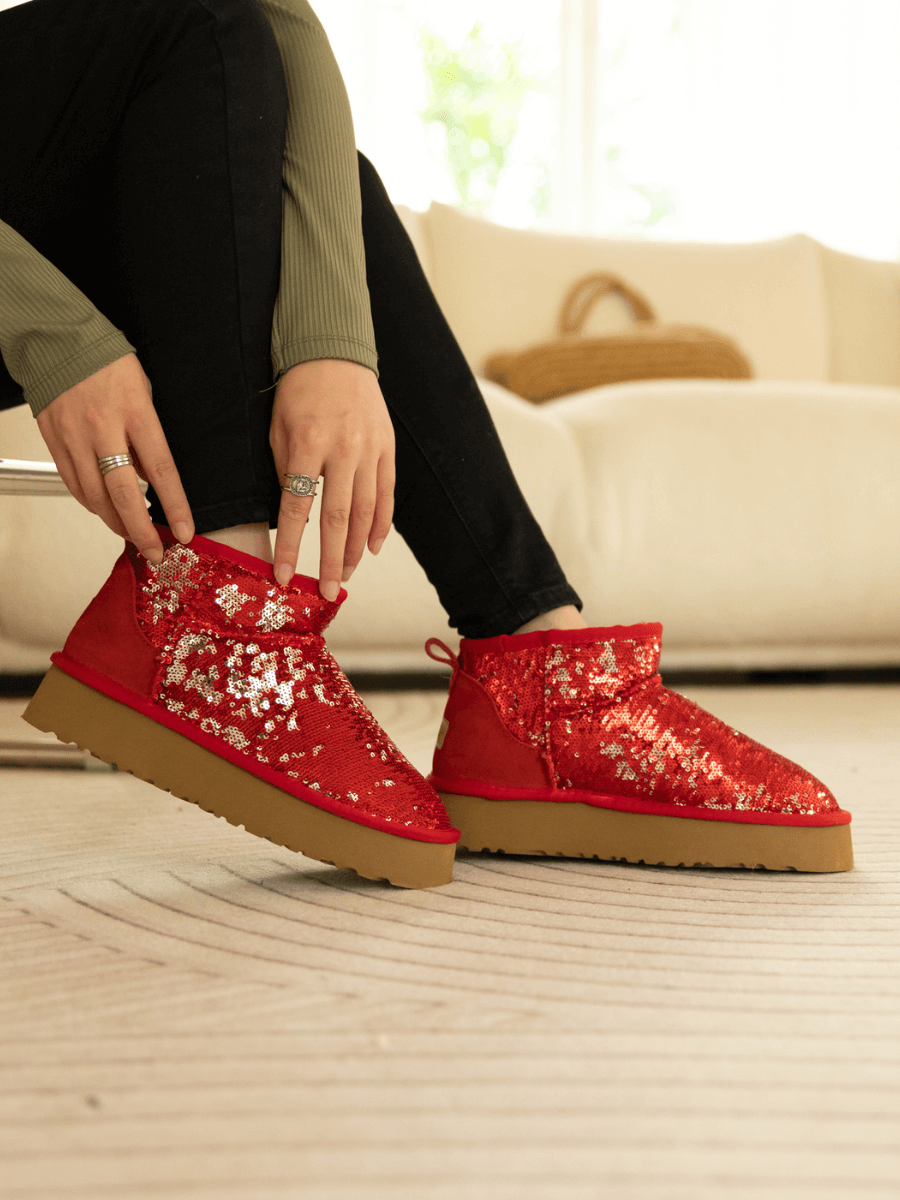 UGG Mini Glitter Low Ankle Platform Boots - Red