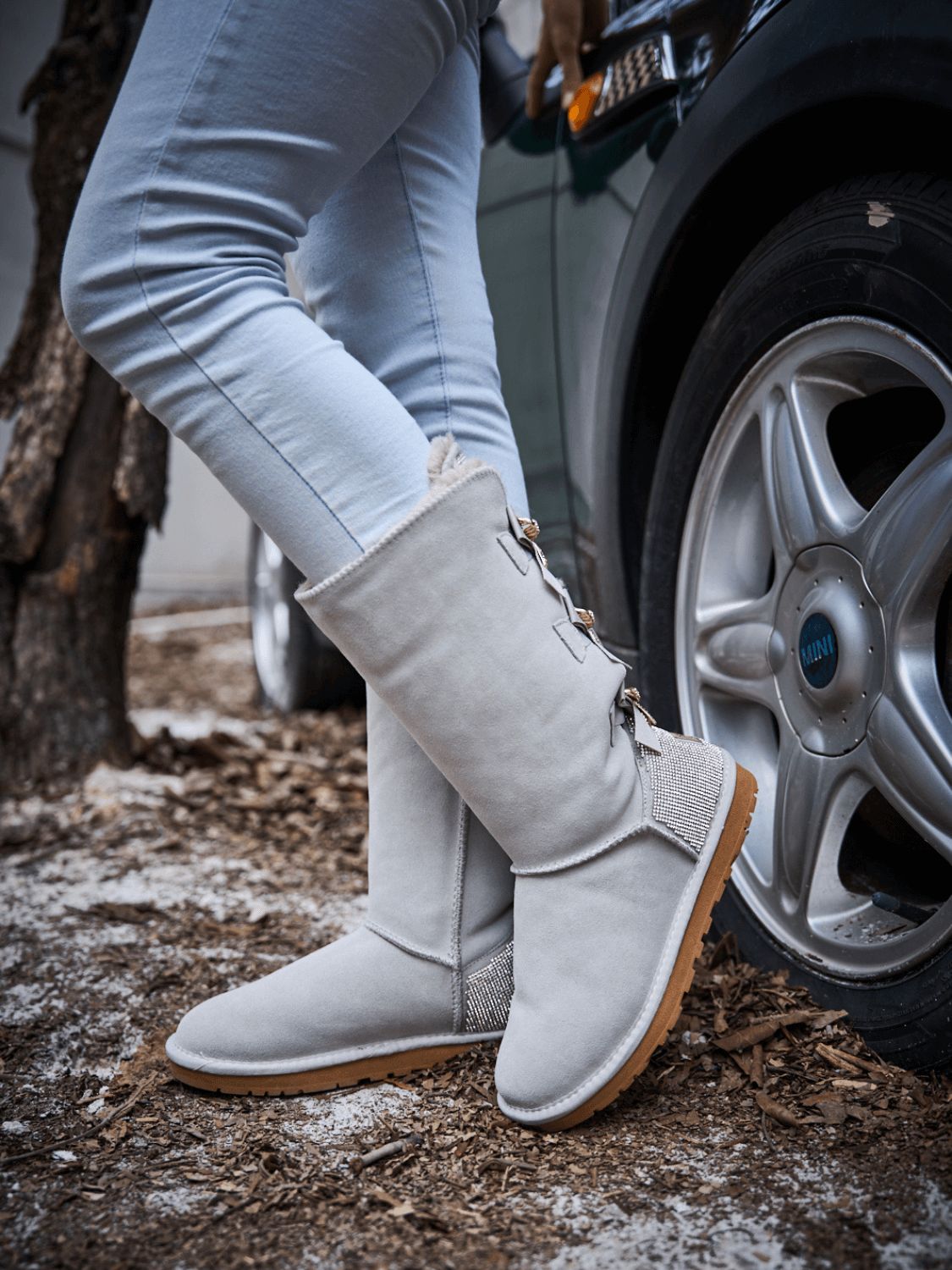 UGG Rhinestone Ribbon Tri-Tie Bow Suede Boots - Pale