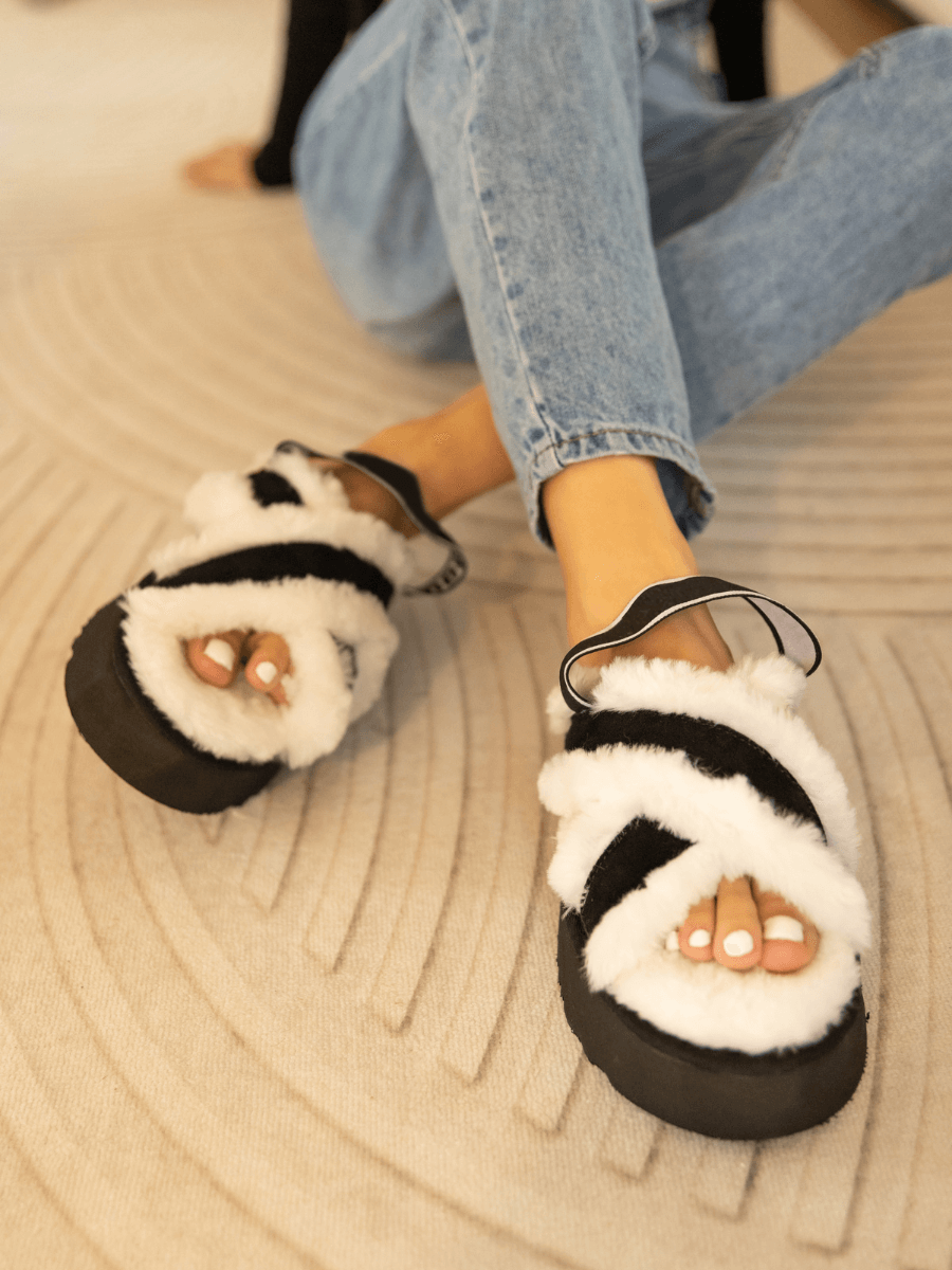 UGG Roar Wool-Lined Criss-Cross Strap Slipper - White