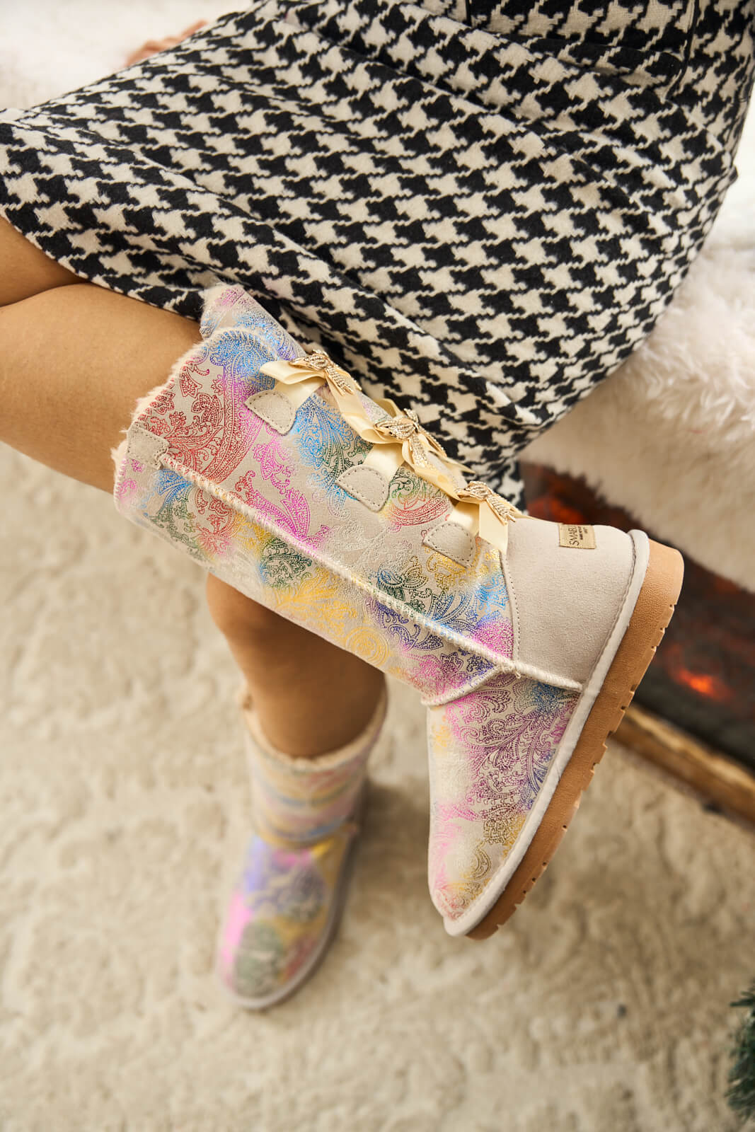 UGG Rhinestone Ribbon Tri-Tie Bow Suede Boots - Multi
