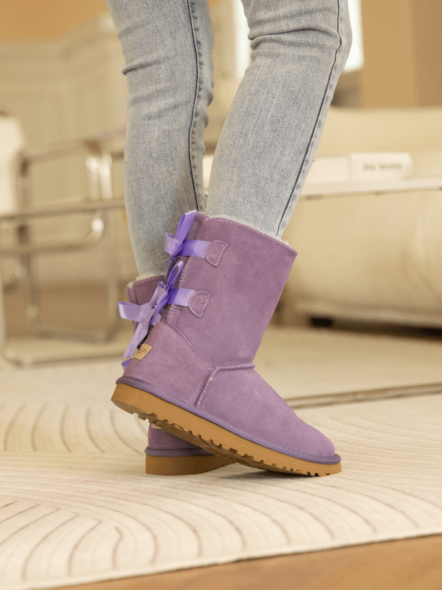 UGG Double Ballet Ribbon Bow Suede Shearling Boots - Lavender