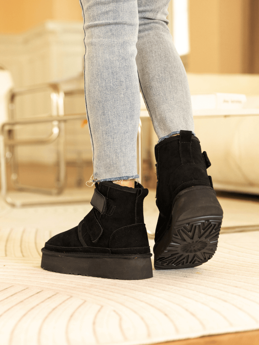 UGG Montford Wool-Lined Buckle Up Platform Boots – Black