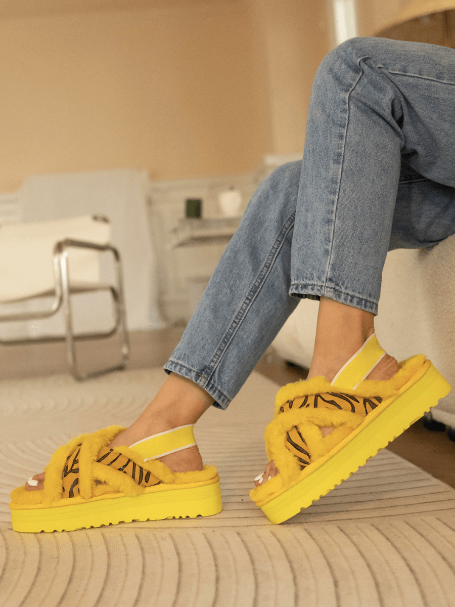 UGG Roar Wool-Lined Criss-Cross Strap Slipper - Yellow