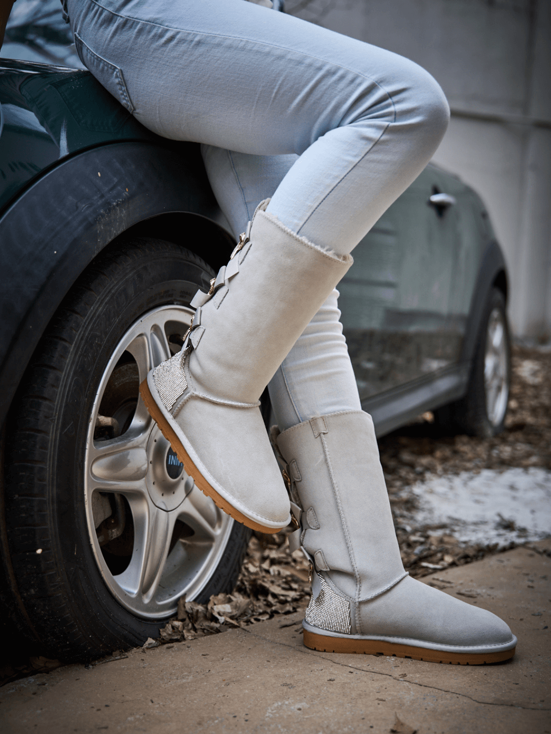 UGG Rhinestone Ribbon Tri-Tie Bow Suede Boots - Pale