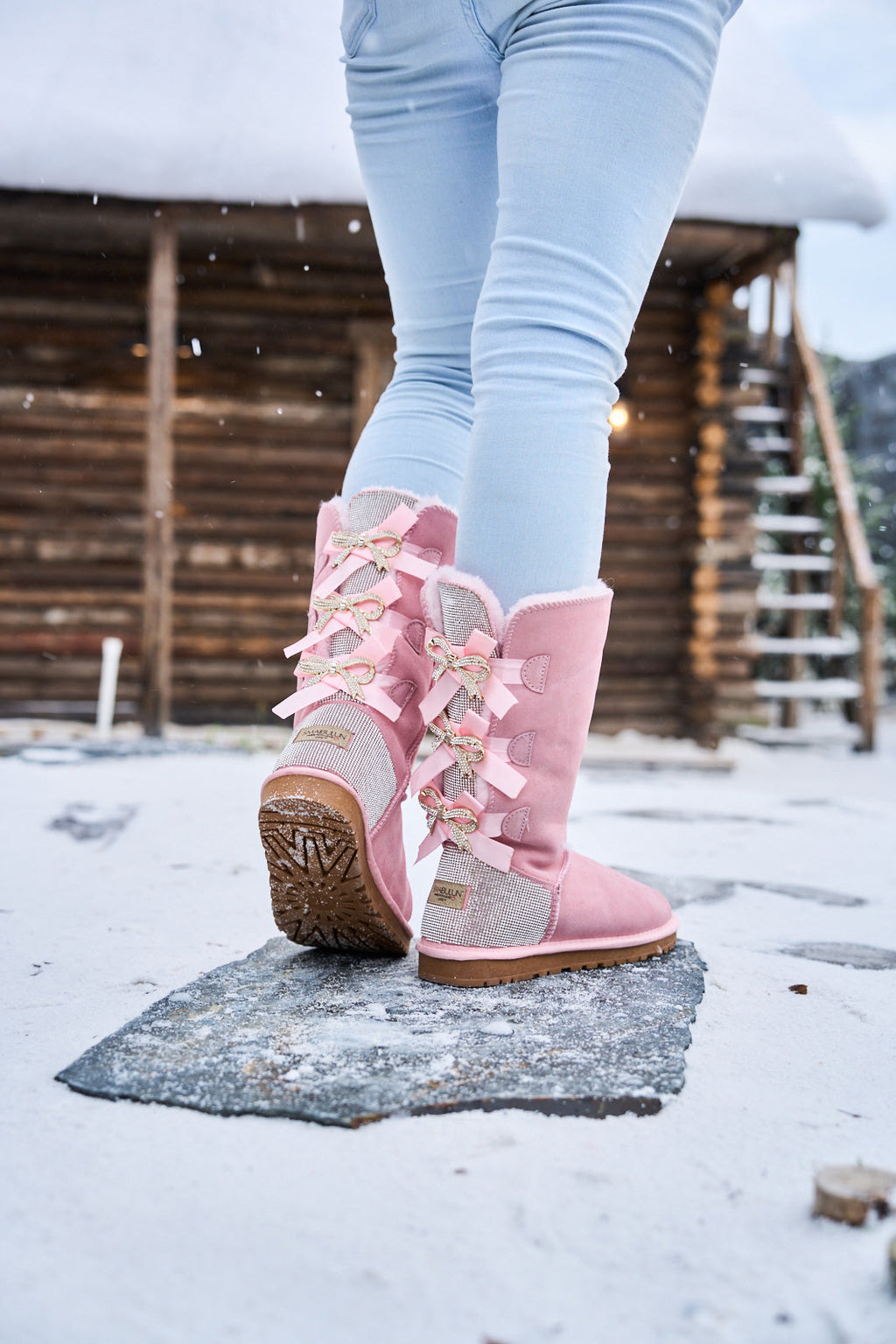 UGG Rhinestone Ribbon Tri-Tie Bow Suede Boots - Pink