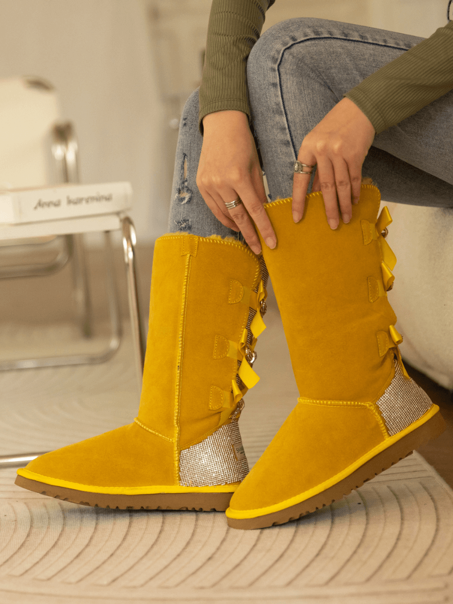 UGG Rhinestone Ribbon Tri-Tie Bow Suede Boots - Yellow