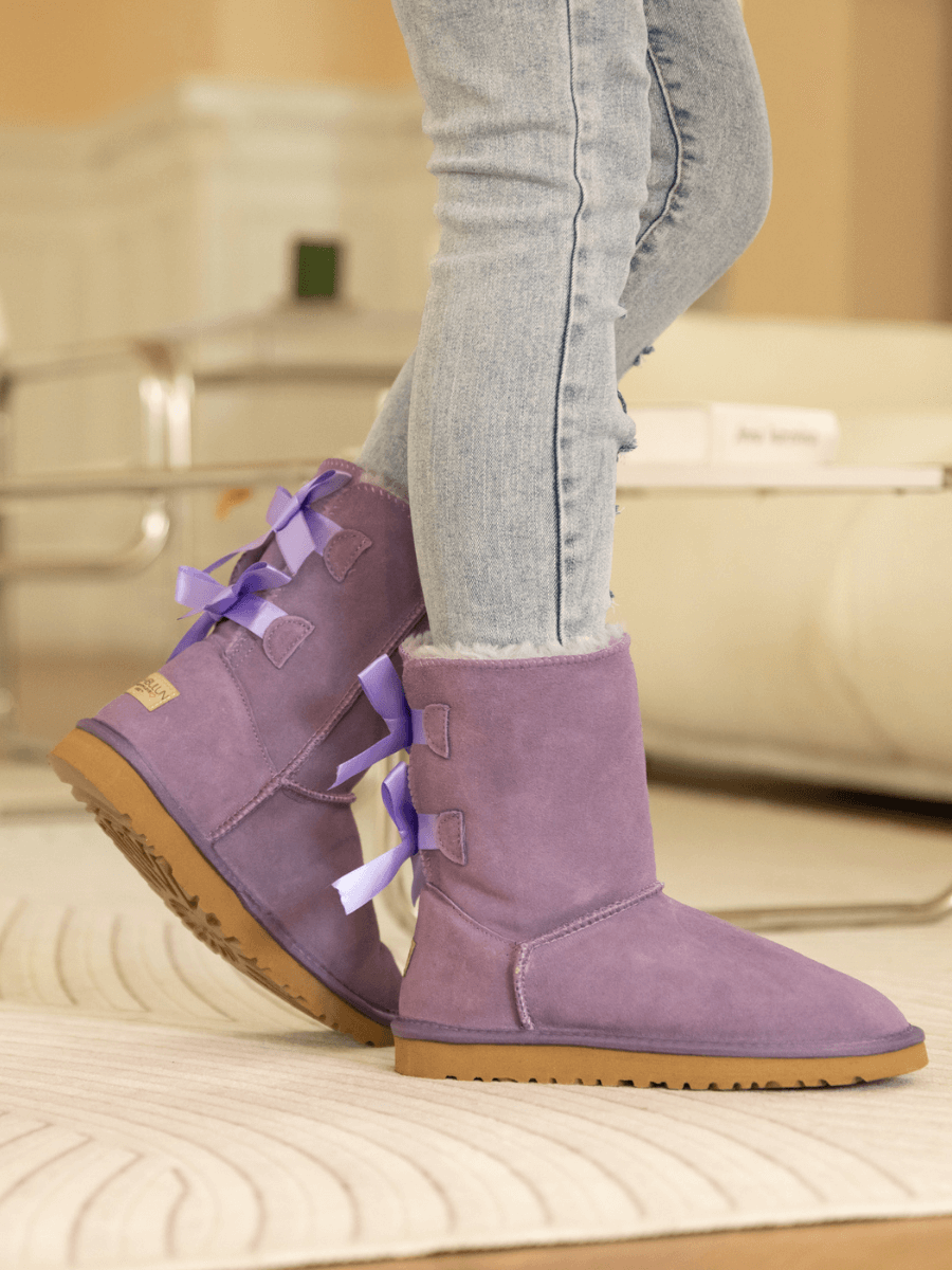 UGG Double Ballet Ribbon Bow Suede Shearling Boots - Lavender